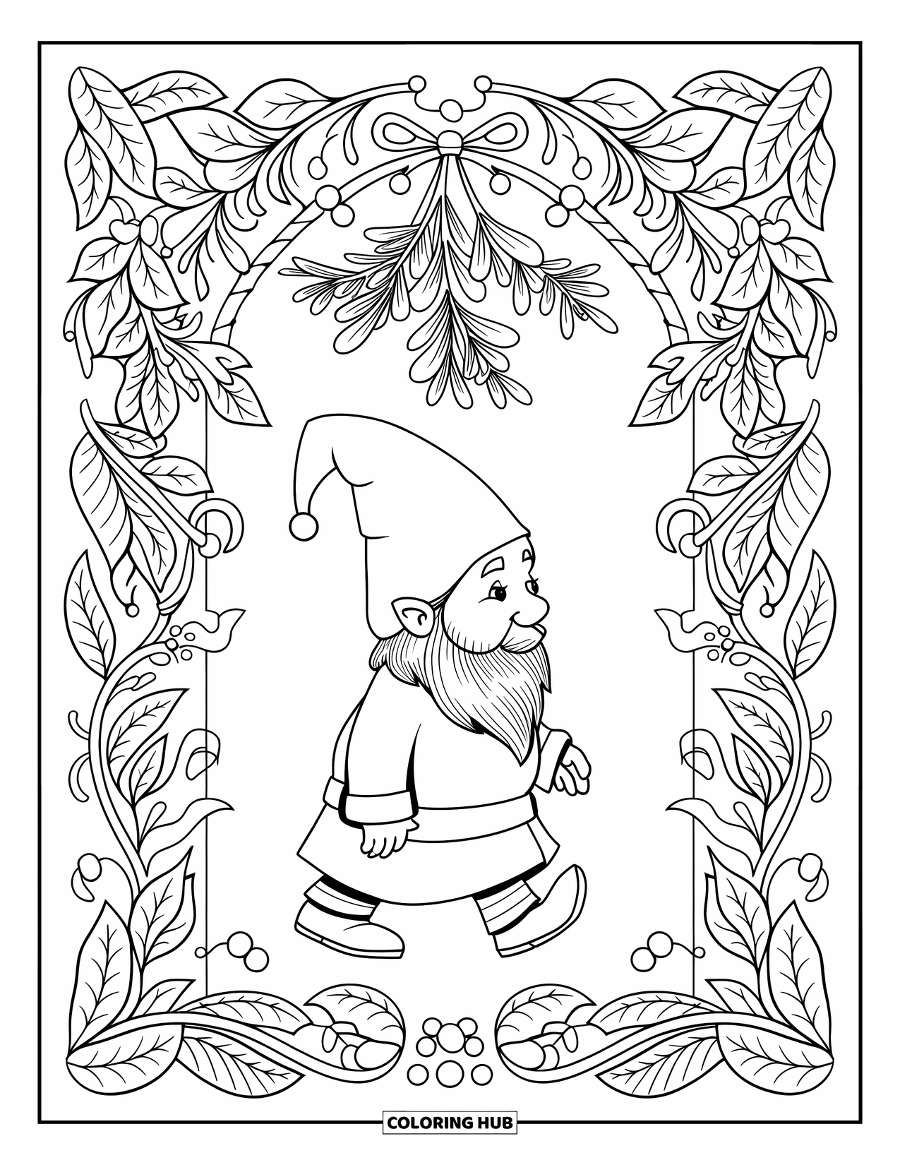 Christmas Gnome Coloring Page for Adults: Gnome walks under mistletoe arches and swirling leafy patterns