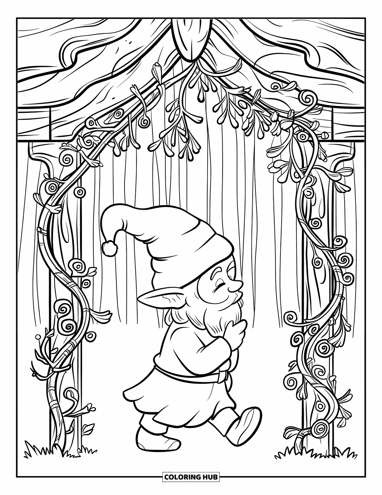 Christmas Gnome Coloring Page for Adults: Gnome walks under vine-wrapped arches in a peaceful, leafy forest
