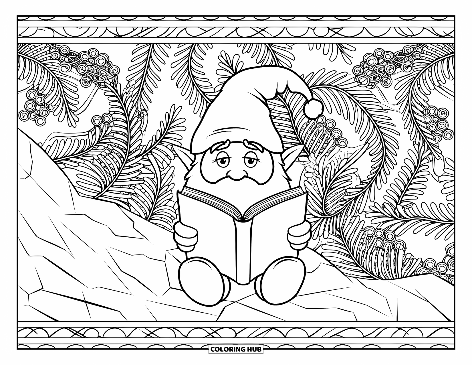 Christmas Gnome Coloring Page for Adults: Gnome with a book rests among swirling mistletoe and fern patterns