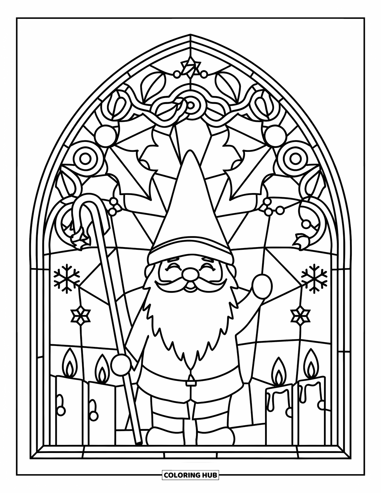 Christmas Gnome Coloring Page for Adults: Gnome with a staff stands within a stained glass frame of festive details
