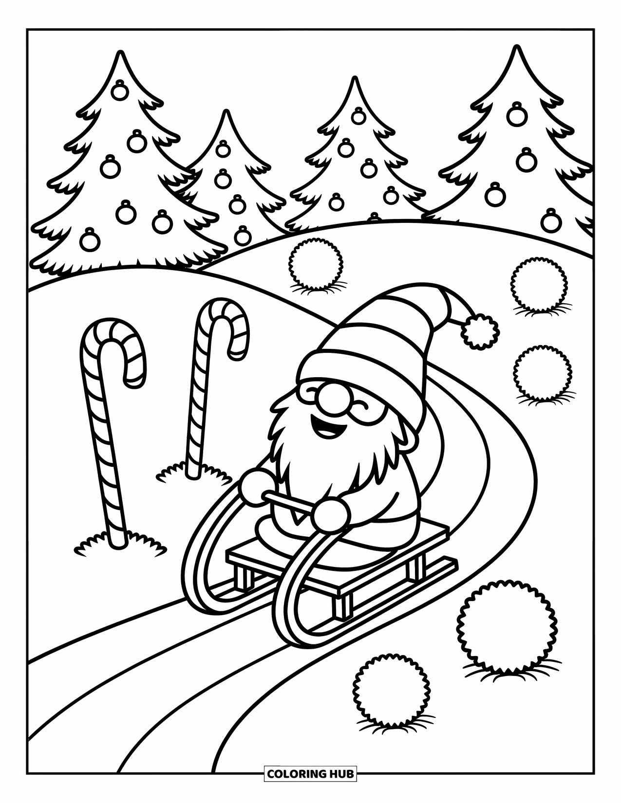 Christmas Gnome Coloring Page for Adults: Joyful gnome zooms downhill on a sled past playful snowballs and trees