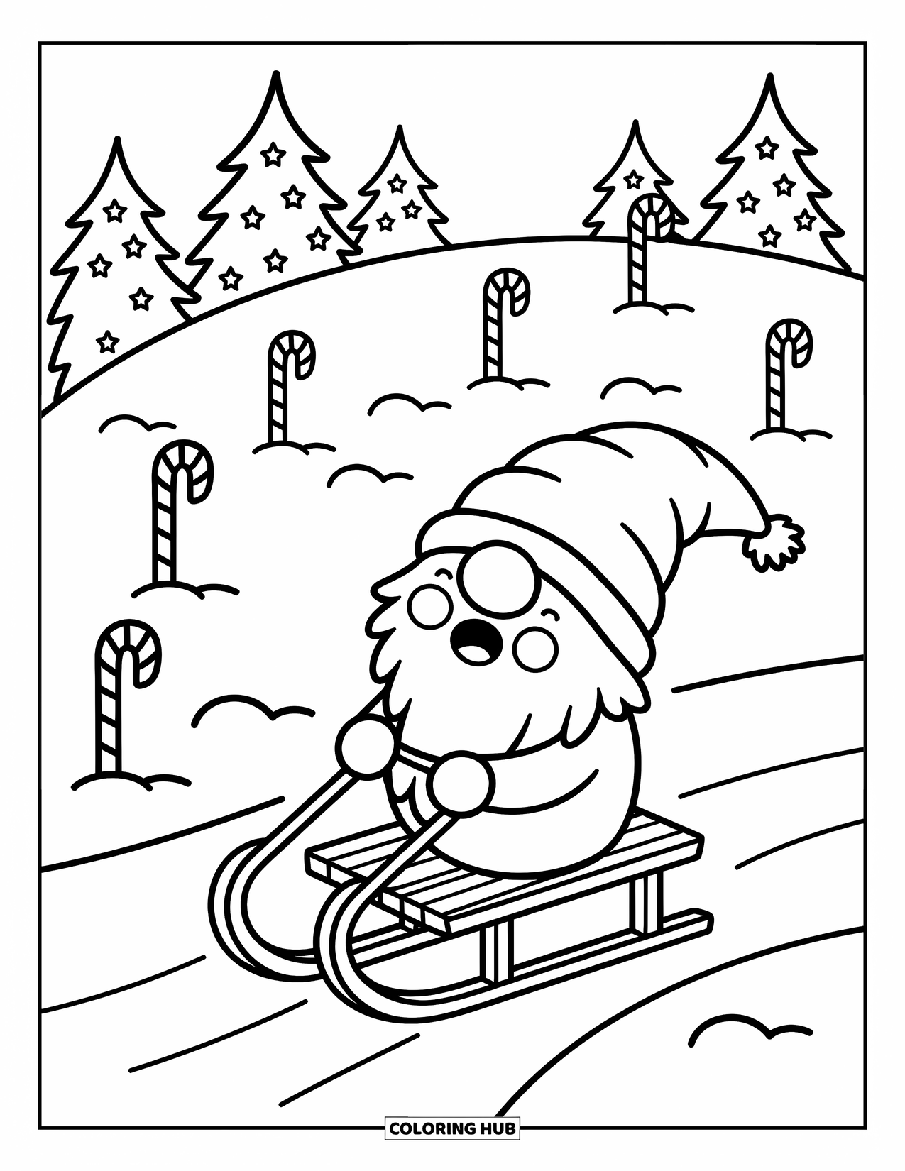 Christmas Gnome Coloring Page for Adults: Laughing gnome rides a sled past candy canes and decorated trees