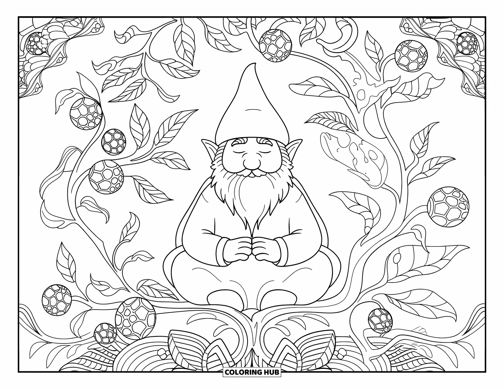 Christmas Gnome Coloring Page for Adults: Peaceful gnome sits among swirling vines, berries, and detailed patterns