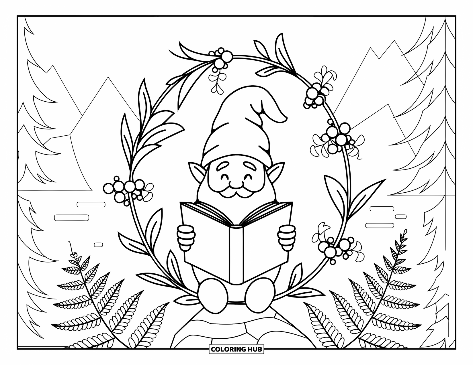 Christmas Gnome Coloring Page for Adults: Thoughtful gnome reads quietly, surrounded by mistletoe and mountain views