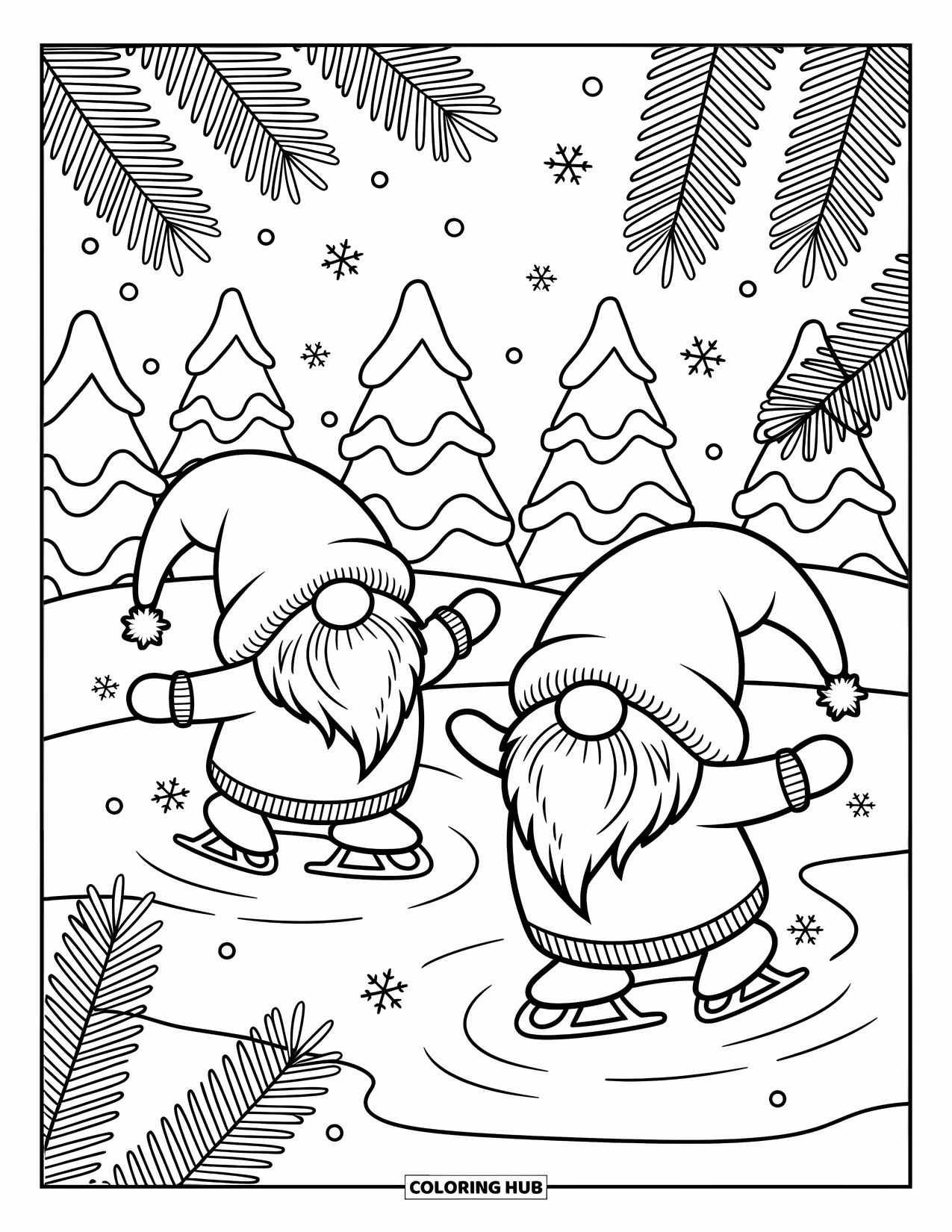 Christmas Gnome Coloring Page for Adults: Two gnomes glide on ice with scarves flying and a bell ringing cheerfully