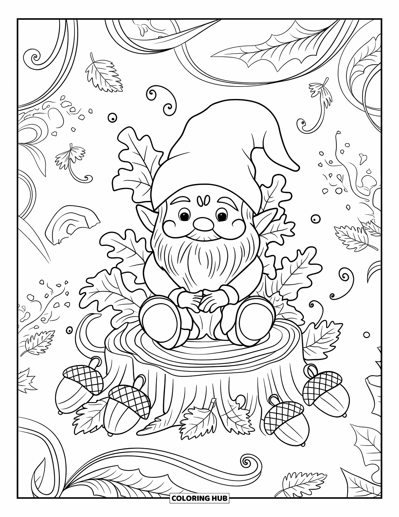 Christmas Gnome Coloring Page for Adults: Whimsical gnome rests on a stump among ivy, swirls, and hanging bells