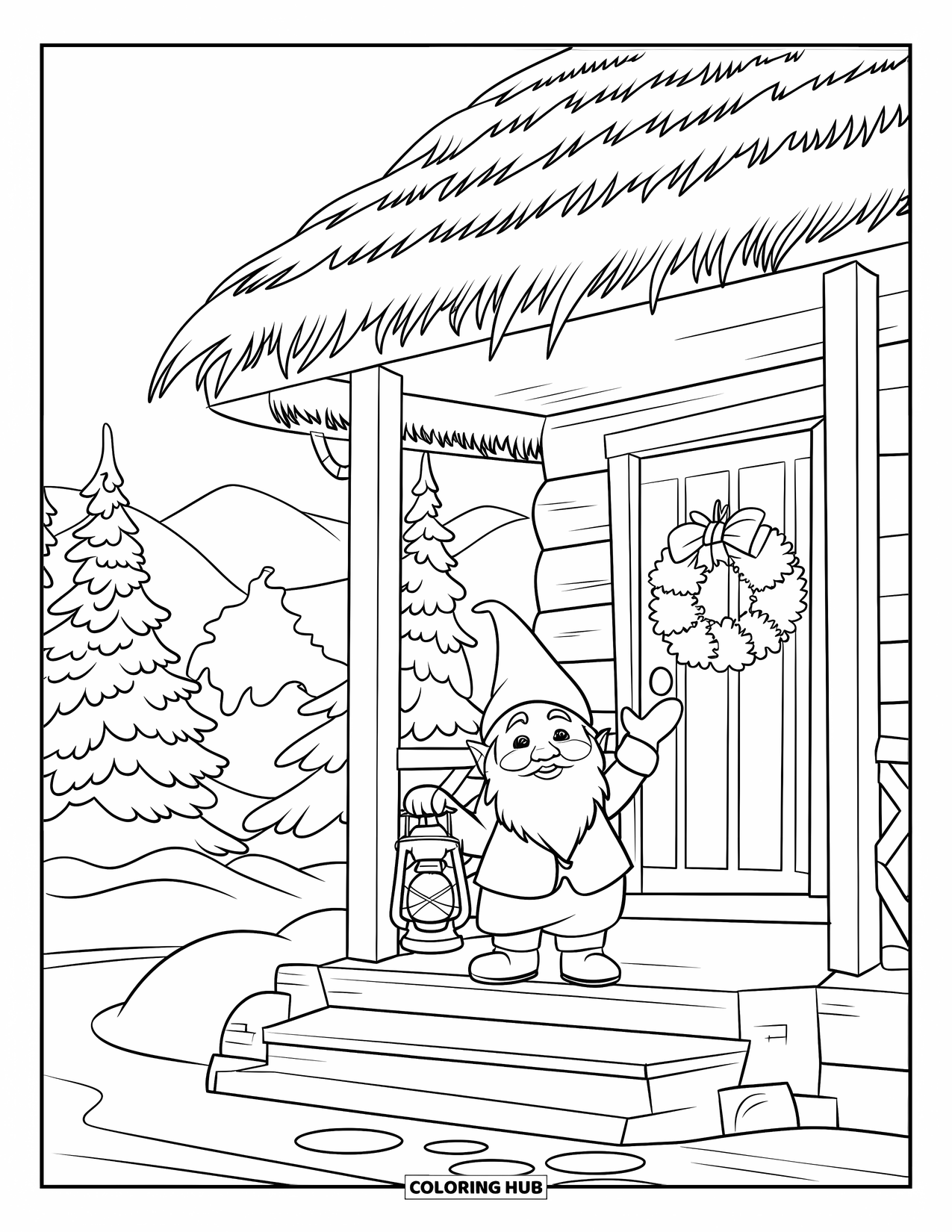 Christmas Gnome Coloring Page for Kids: Christmas gnome stands on a snowy cabin porch with mountain views behind