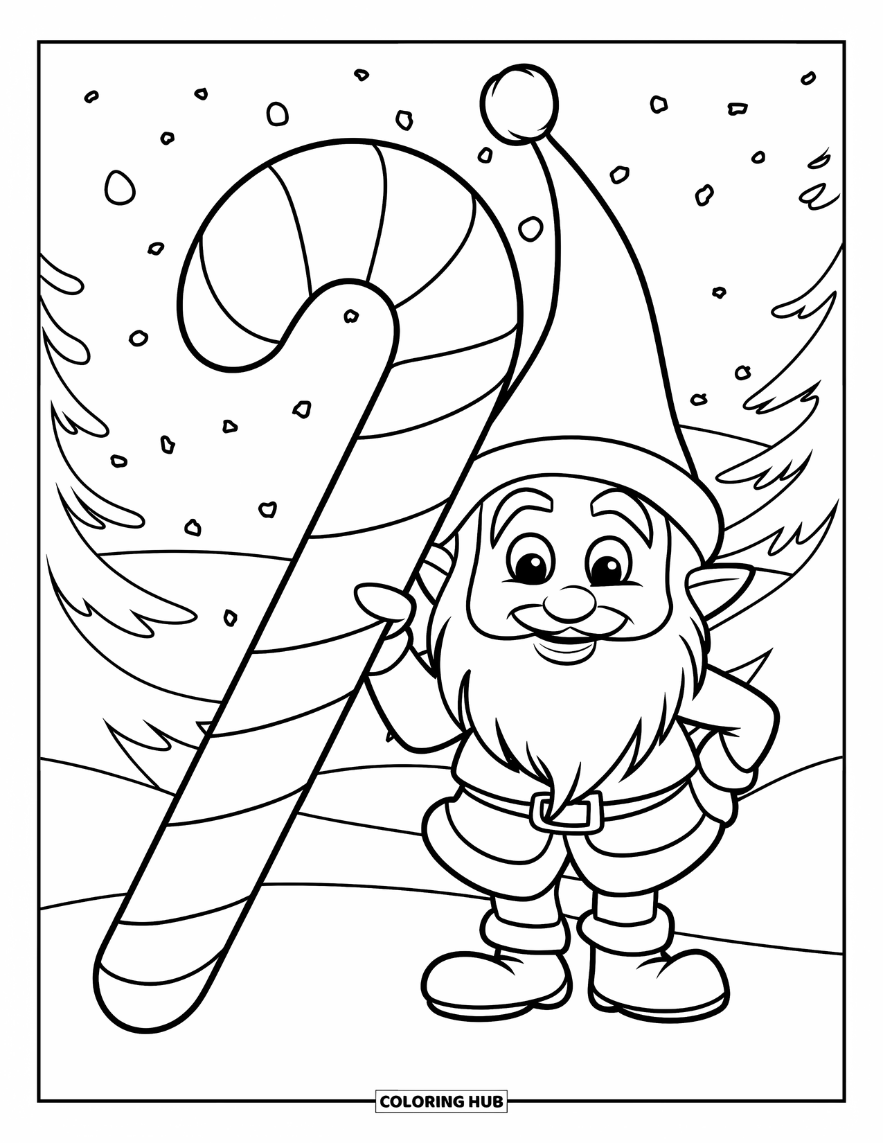 Christmas Gnome Coloring Page for Kids: Christmas gnome with a candy cane stands in a quiet snowy forest