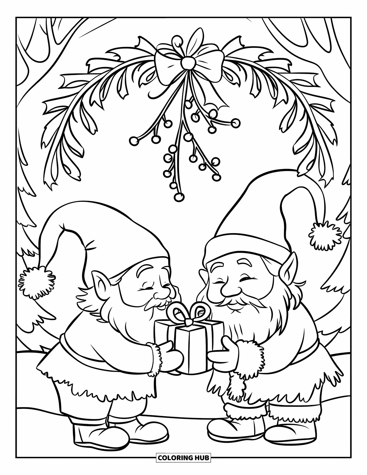 Christmas Gnome Coloring Page for Kids: Gift-giving gnomes sit beneath holly with snow-covered trees behind them