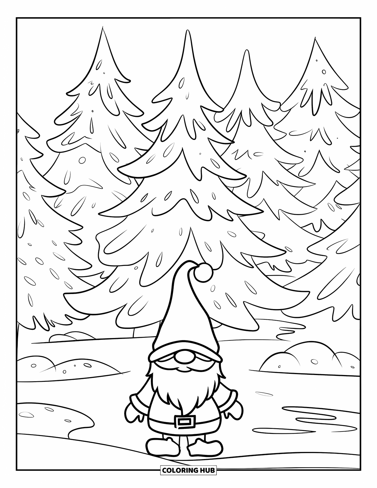Christmas Gnome Coloring Page for Kids: Gnome among snowy pines with a path and scattered rocks nearby