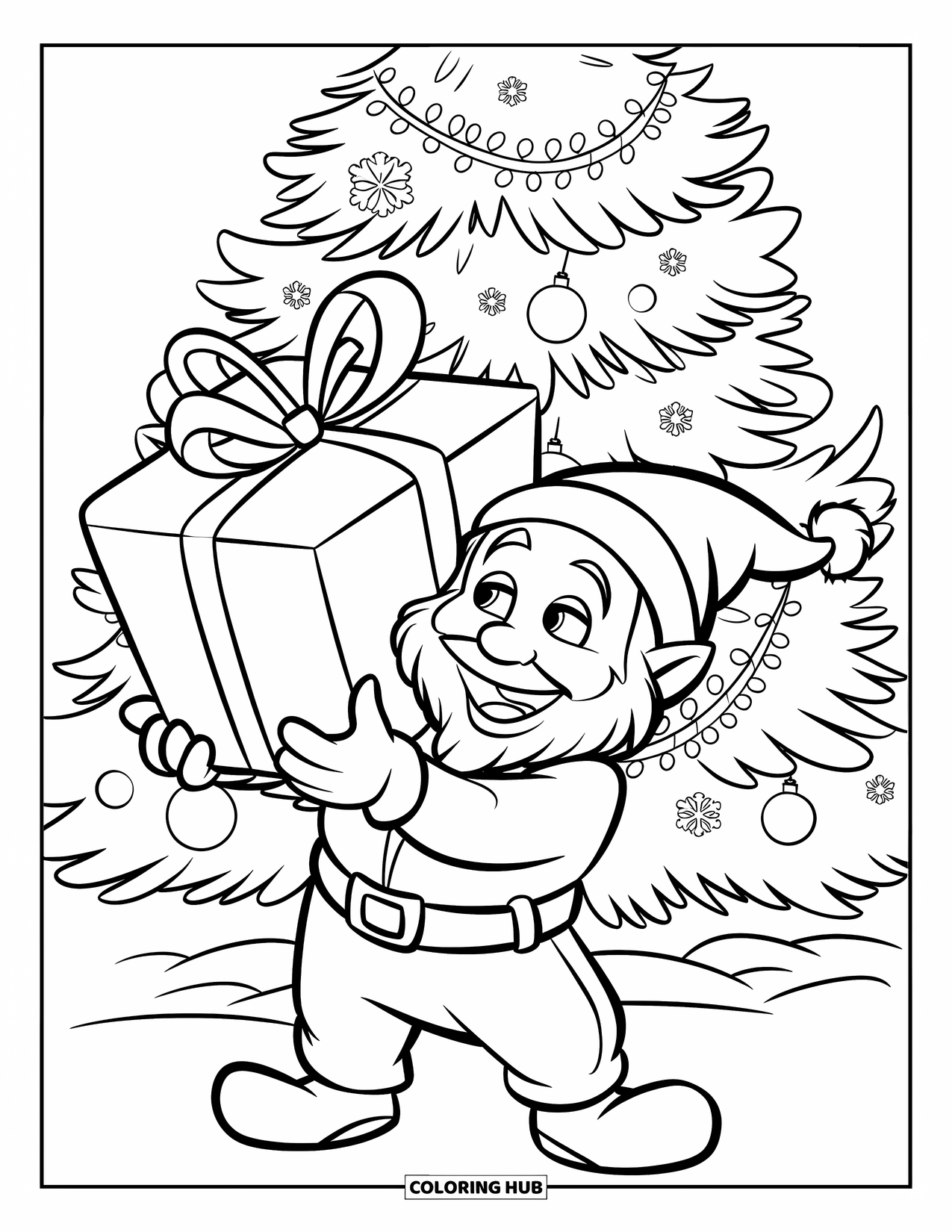 Christmas Gnome Coloring Page for Kids: Gnome happily holds a big present under a festive tree with lights
