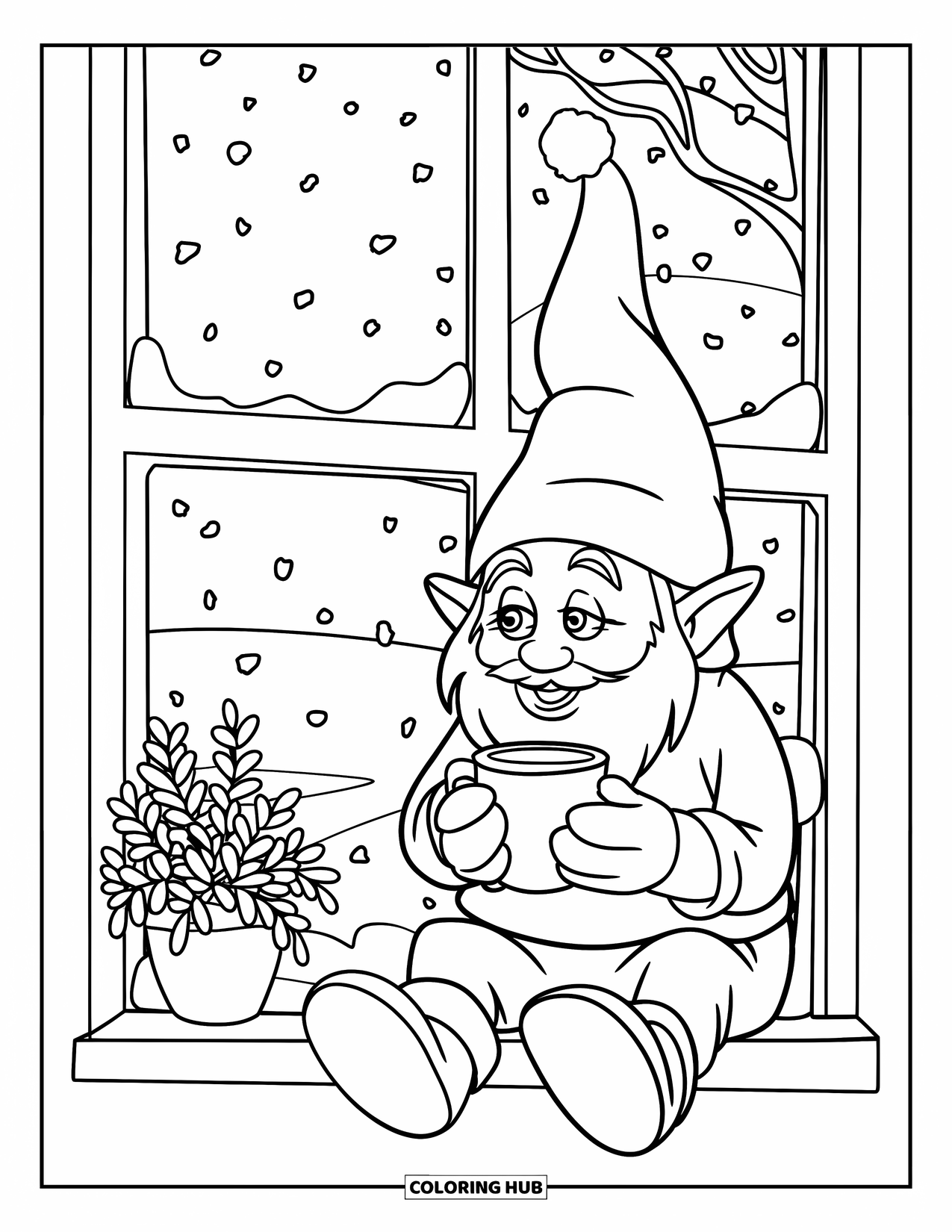 Christmas Gnome Coloring Page for Kids: Gnome holding tea near a window with a snowy view and a potted plant