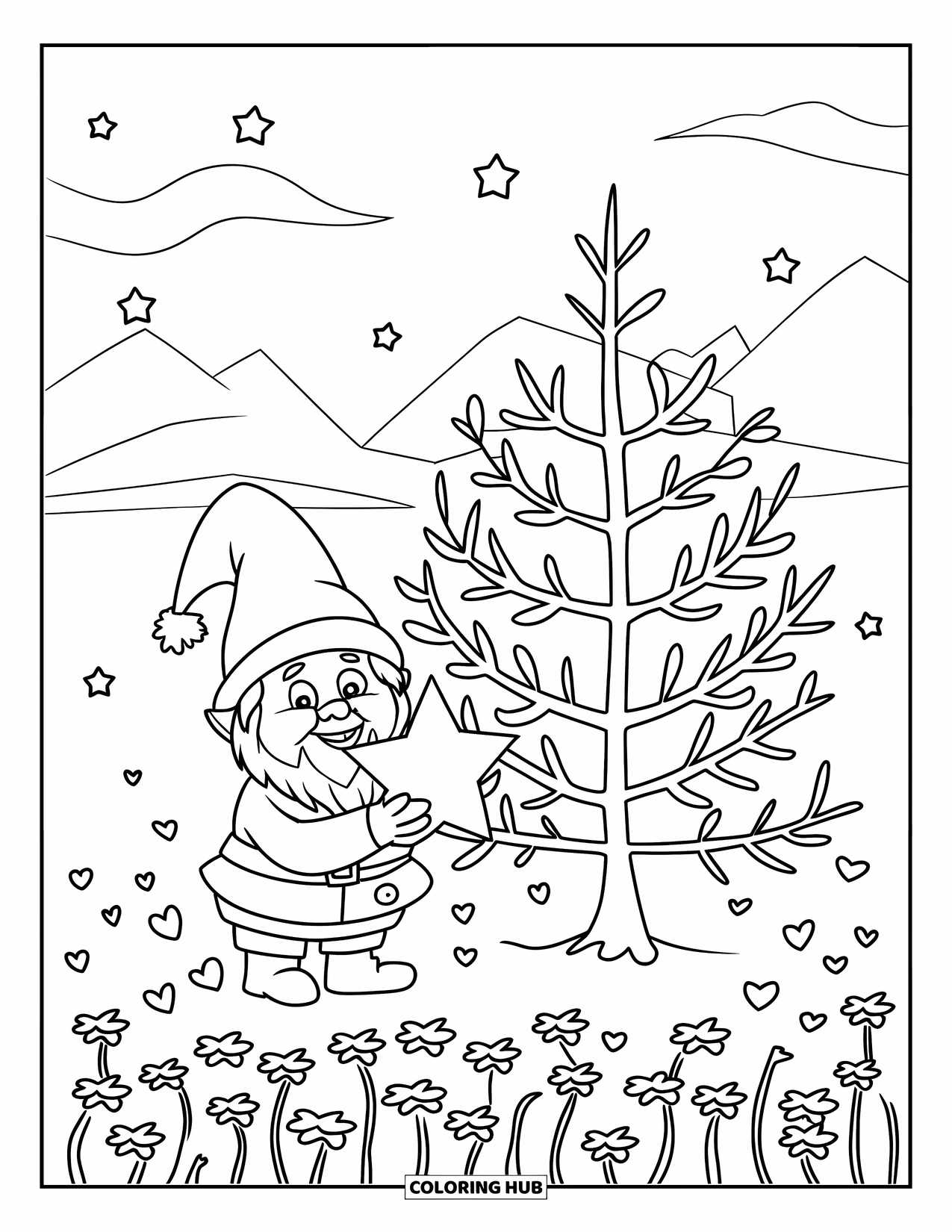 Christmas Gnome Coloring Page for Kids: Gnome holds a star beside a decorated tree under a dreamy sky with hearts