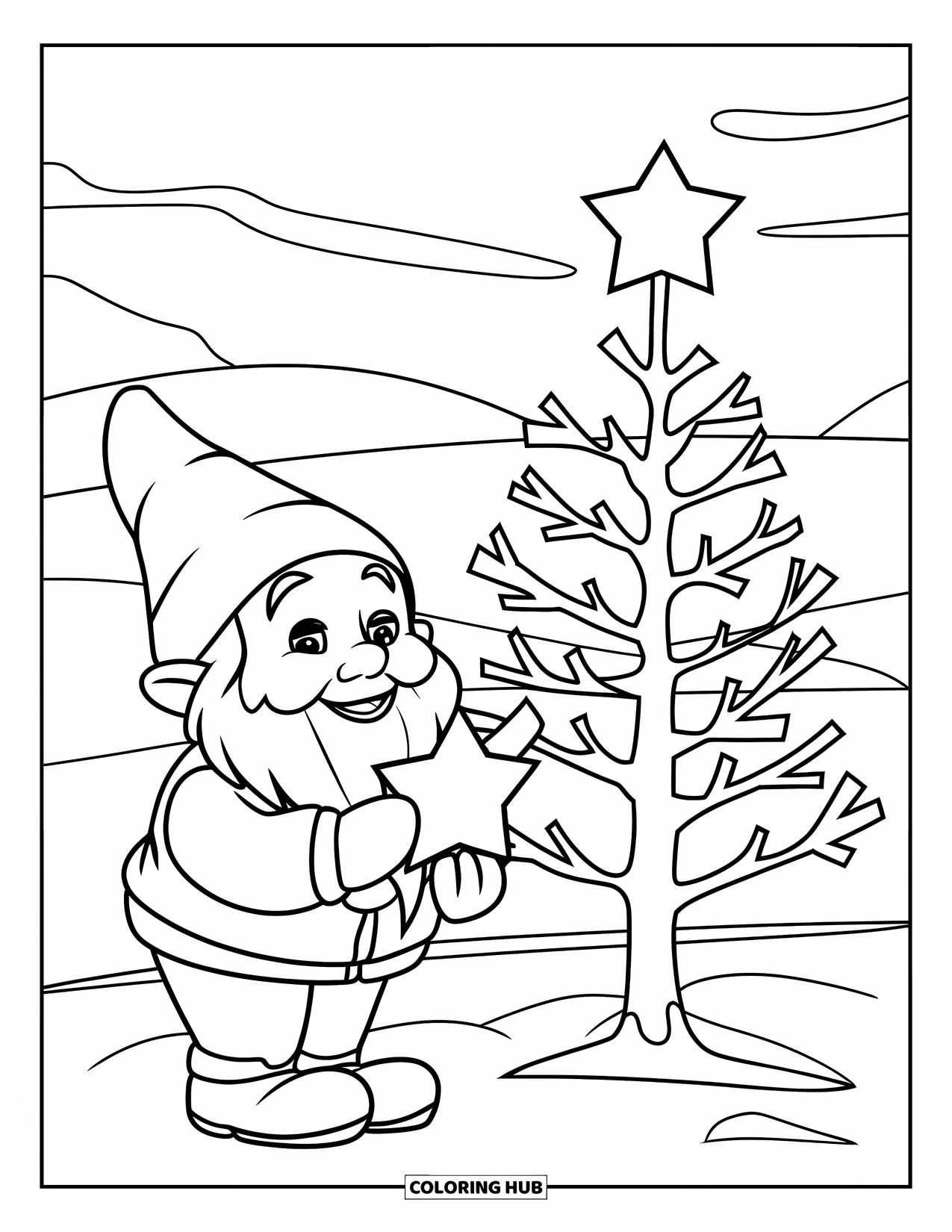 Christmas Gnome Coloring Page for Kids: Gnome holds a star beside a tree ready for topping in a peaceful landscape