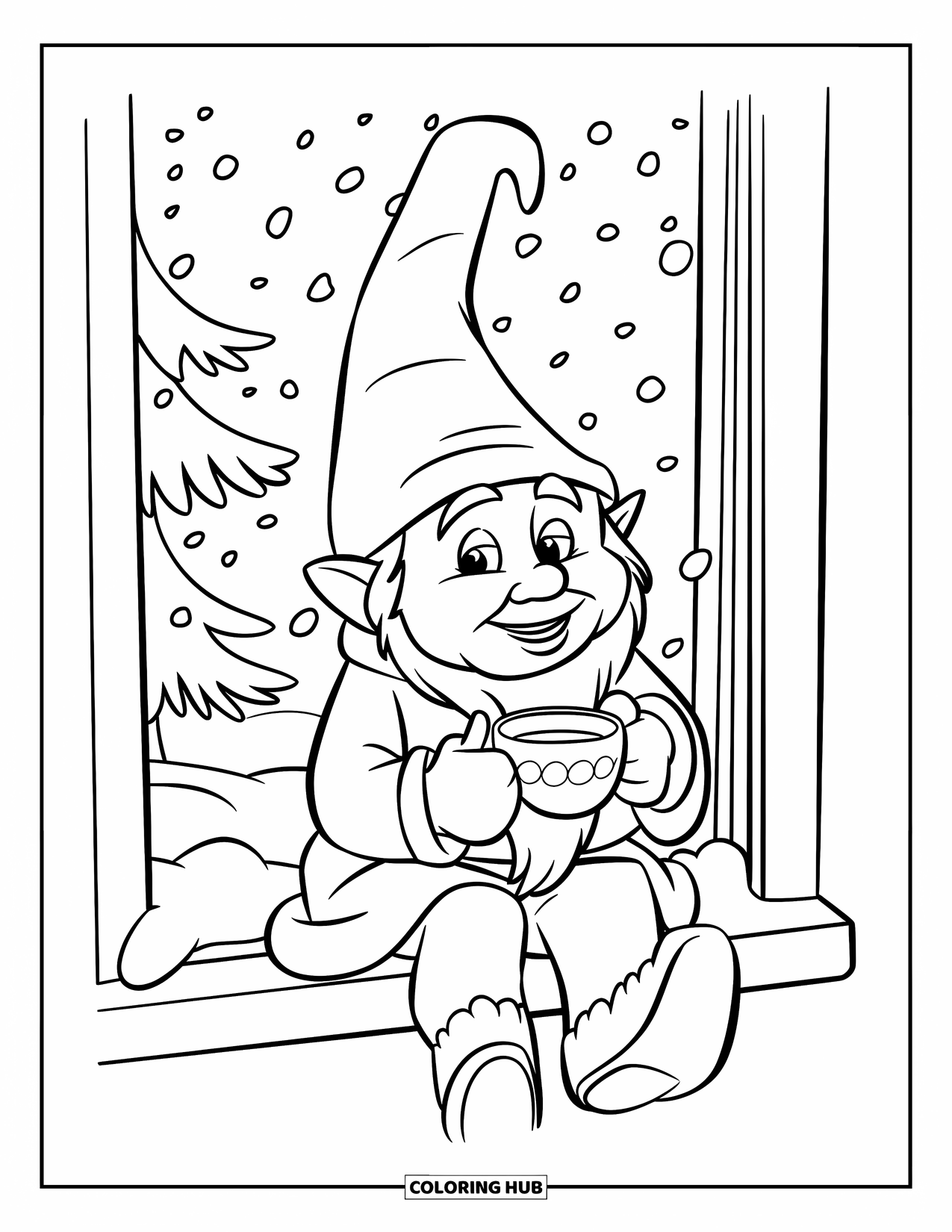 Christmas Gnome Coloring Page for Kids: Gnome in a robe sips tea while watching snow through the window