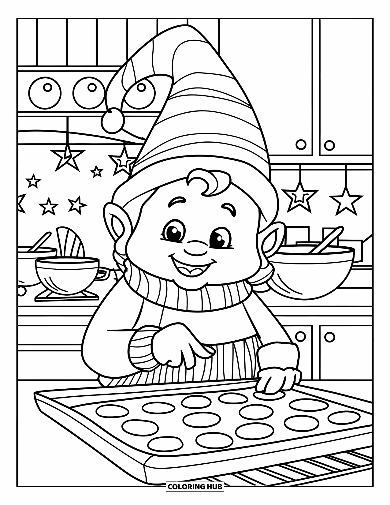 Christmas Gnome Coloring Page for Kids: Gnome in striped outfit bakes cookies in a festive kitchen full of joy