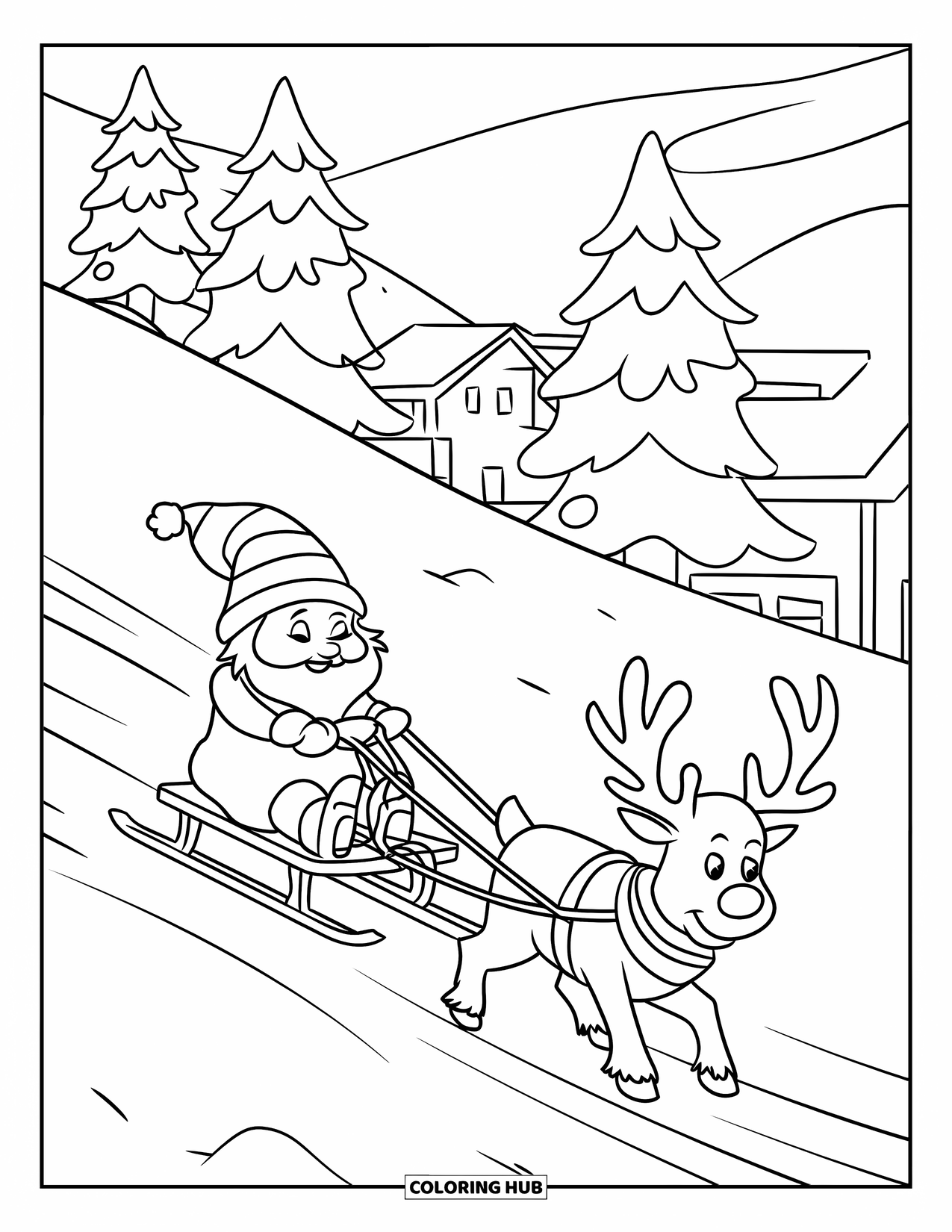 Christmas Gnome Coloring Page for Kids: Gnome on a sled with a reindeer races down a snowy hill near buildings