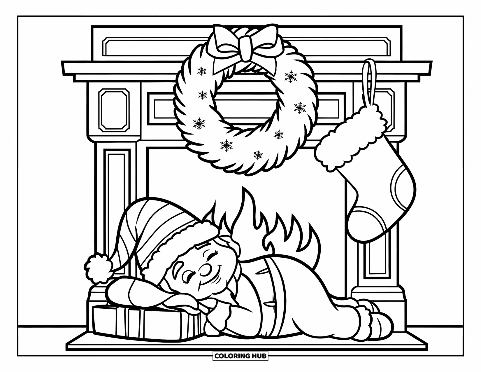 Christmas Gnome Coloring Page for Kids: Gnome rests near the fire with a stocking and wreath nearby