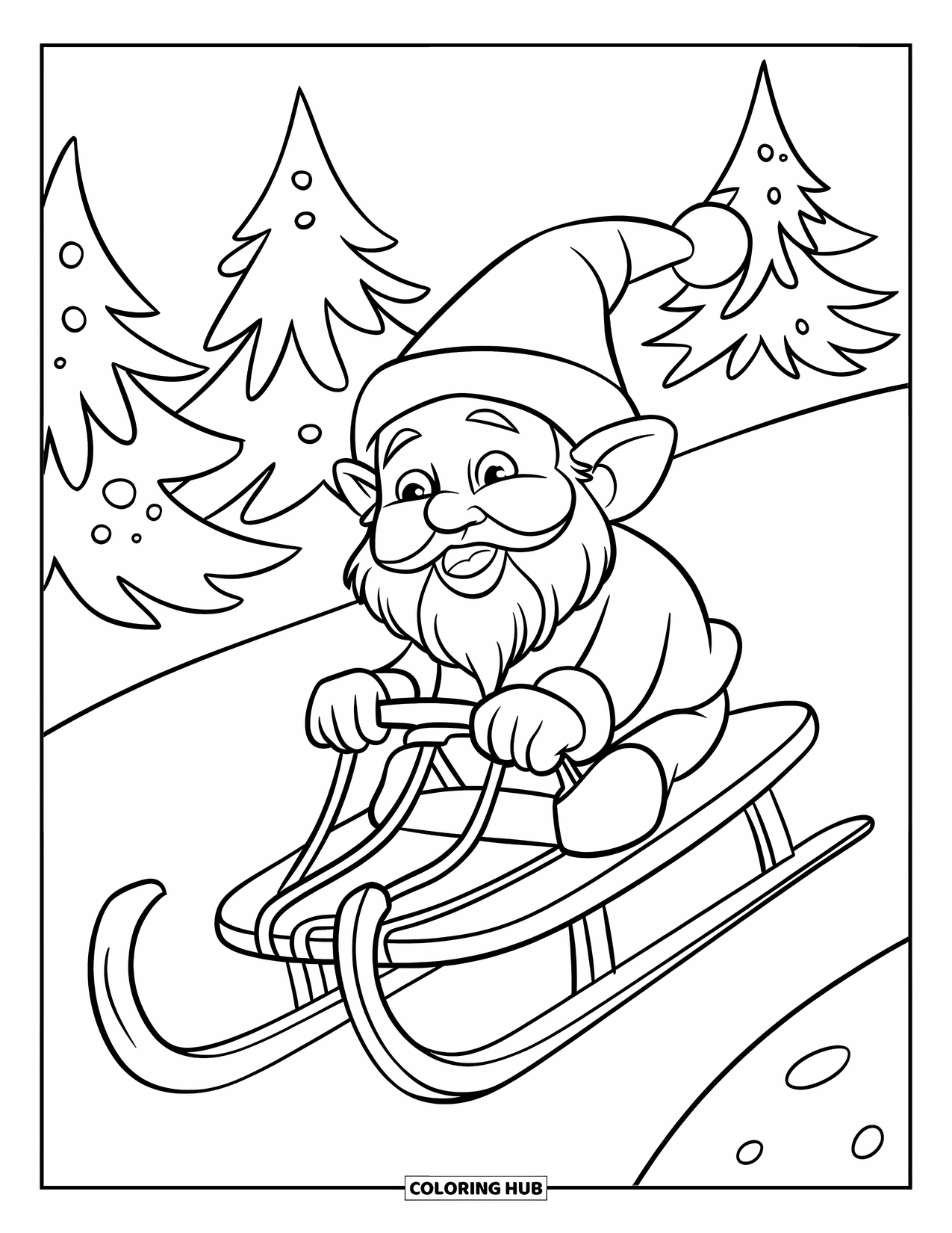 Christmas Gnome Coloring Page for Kids: Gnome rides a sled down a snowy hill with Christmas trees all around