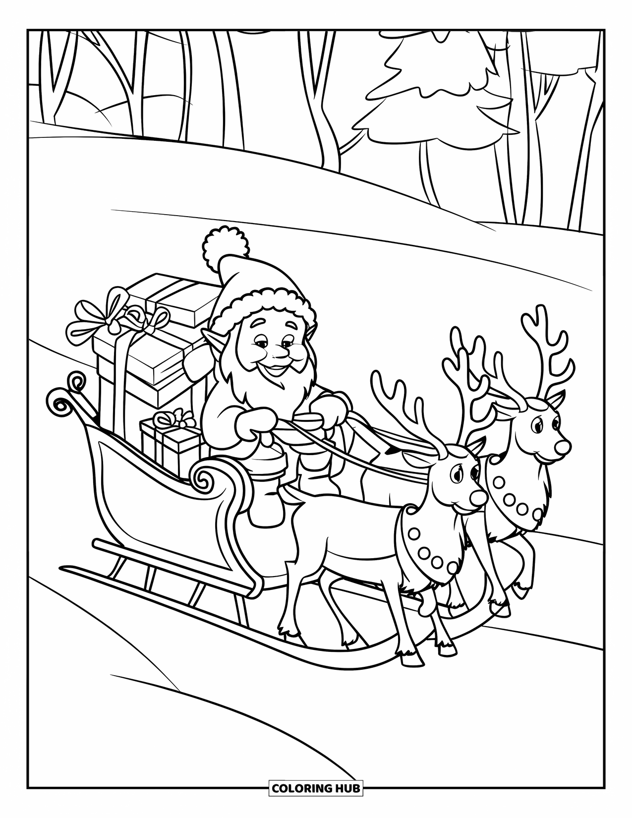 Christmas Gnome Coloring Page for Kids: Gnome rides a sleigh with presents and stockings through a wintry landscape