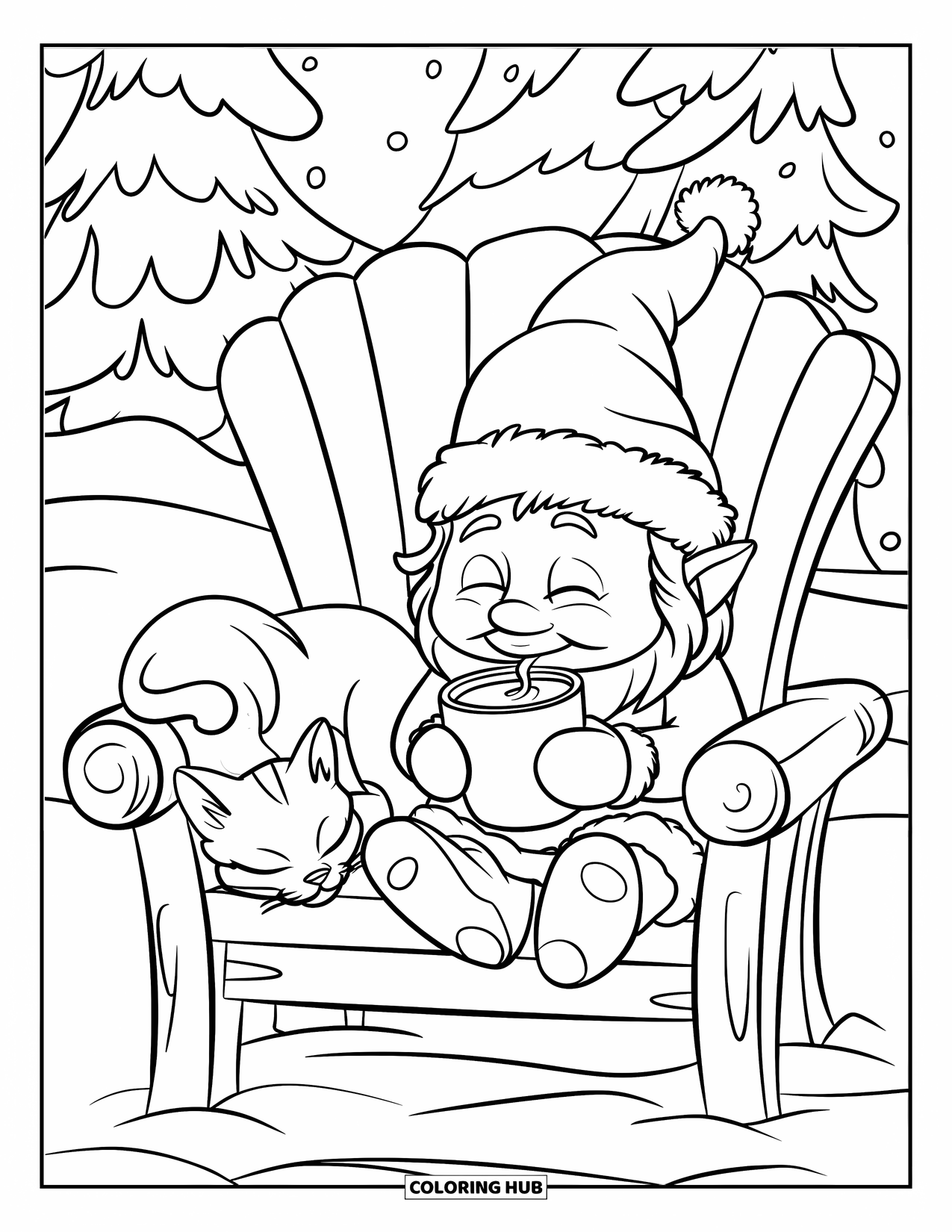 Christmas Gnome Coloring Page for Kids: Gnome sips cocoa on a chair while a cat naps nearby in the snow