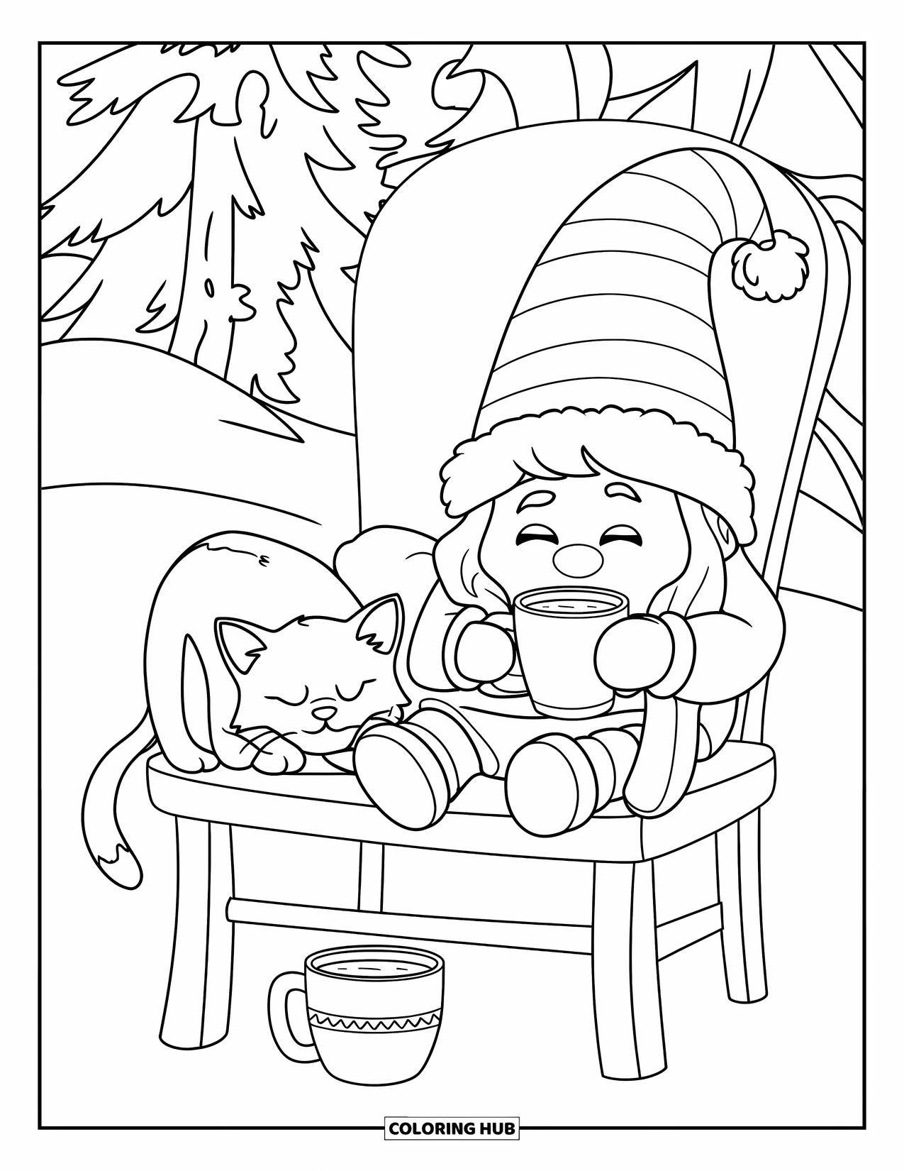 Christmas Gnome Coloring Page for Kids: Gnome sips cocoa while a cat rests at his feet in a snowy forest