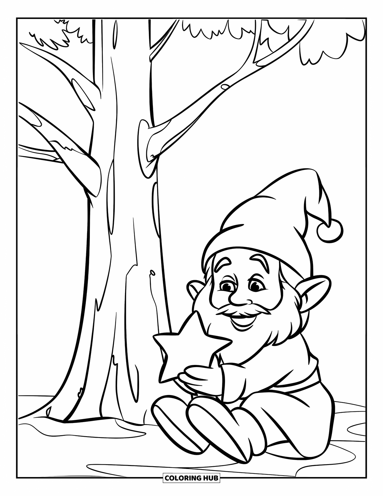 Christmas Gnome Coloring Page for Kids: Gnome sits by a tall tree holding a star, ready to decorate