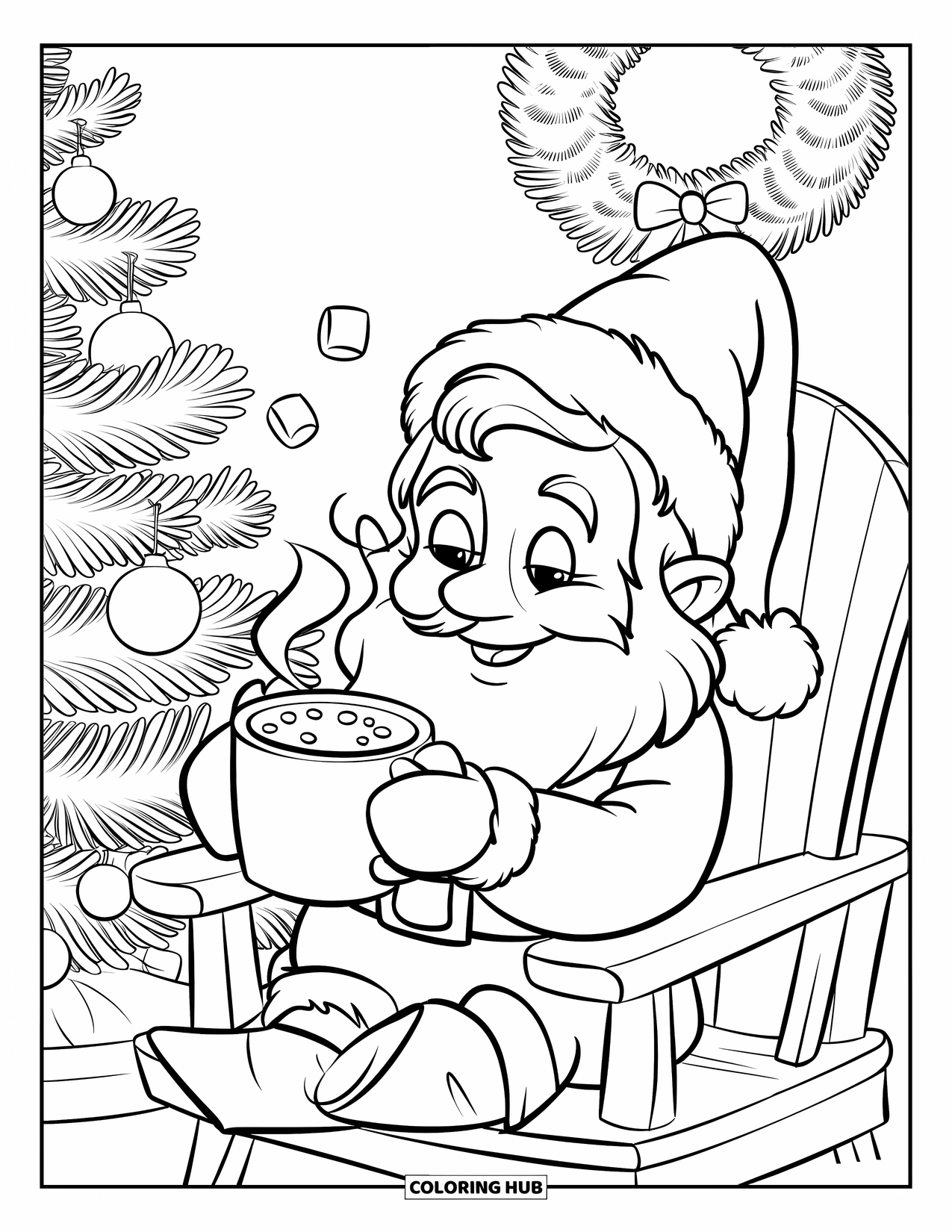 Christmas Gnome Coloring Page for Kids: Gnome sits near a decorated tree, sipping cocoa with marshmallows and steam