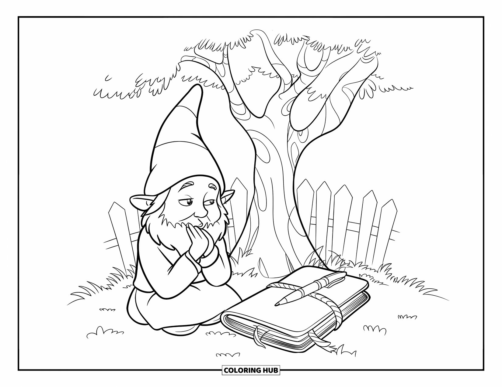 Christmas Gnome Coloring Page for Kids: Gnome sits peacefully under a lit tree with journal and pen nearby