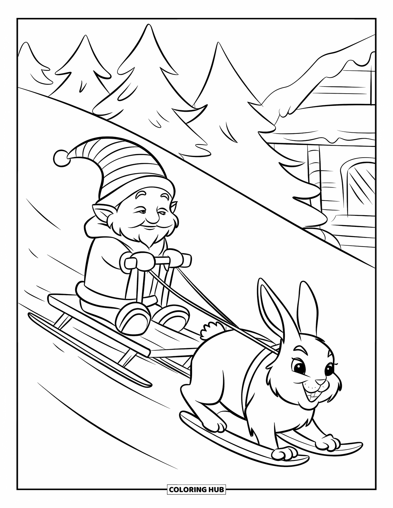 Christmas Gnome Coloring Page for Kids: Gnome sleds downhill pulled by a big rabbit past trees and a small cottage
