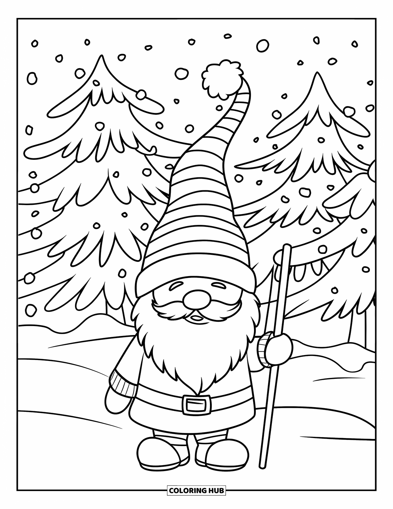 Christmas Gnome Coloring Page for Kids: Gnome stands beneath pine trees dusted with snow, holding a walking stick