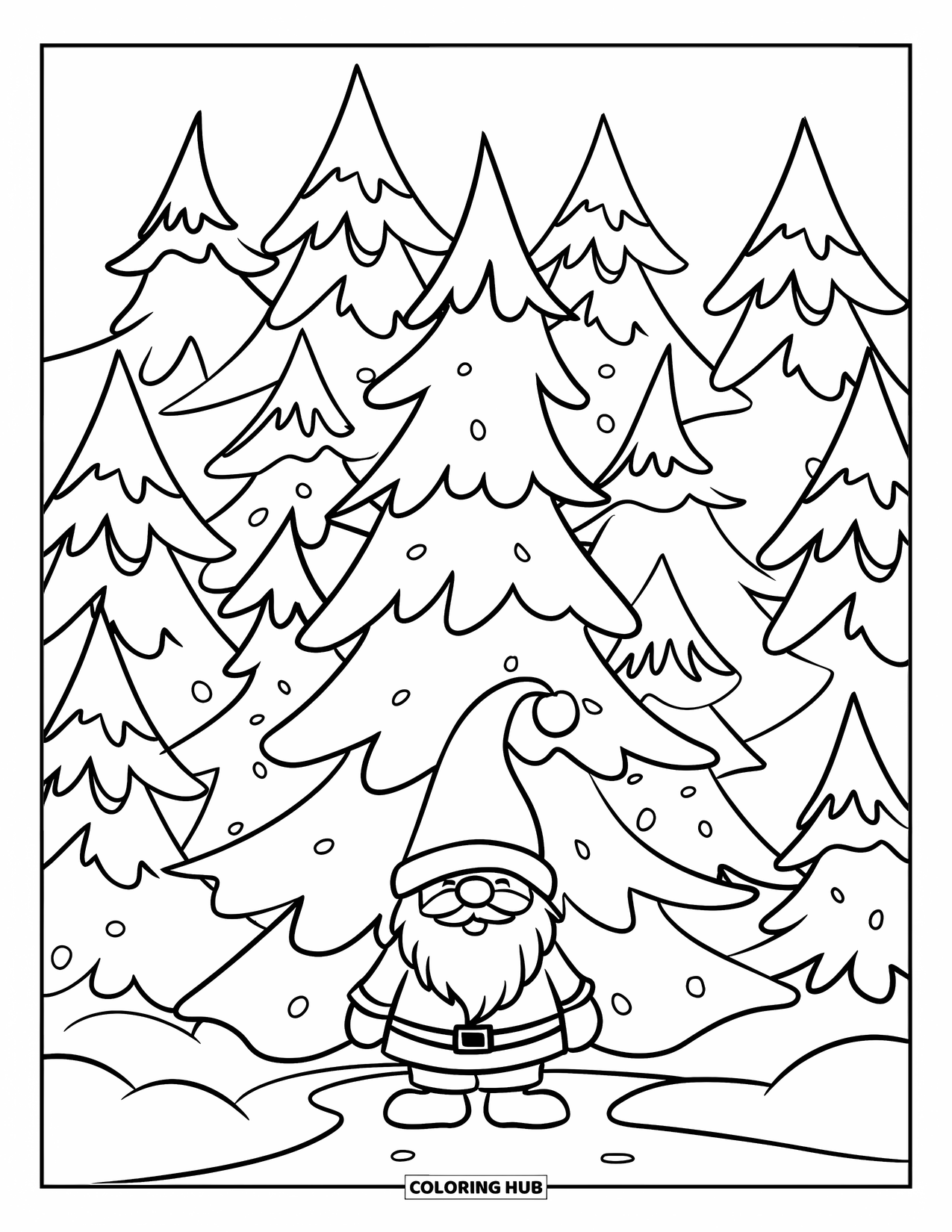 Christmas Gnome Coloring Page for Kids: Gnome stands beneath snowy pine trees with a path leading up to him