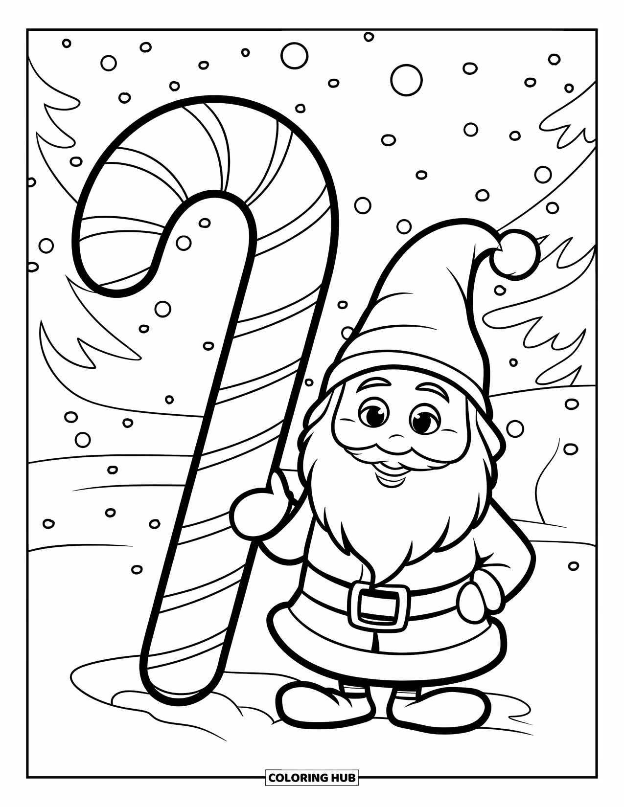 Christmas Gnome Coloring Page for Kids: Gnome stands beside a big candy cane as snow gently falls