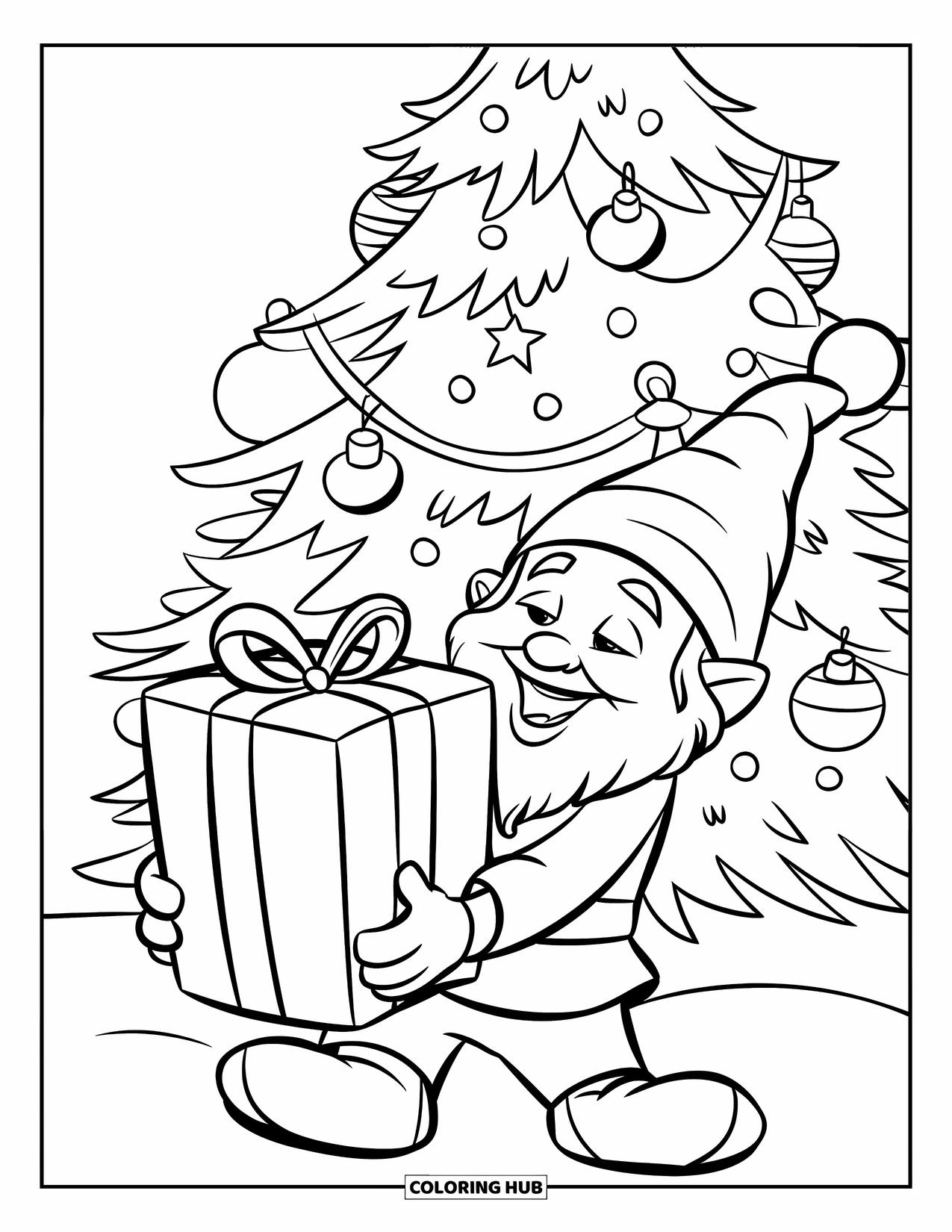 Christmas Gnome Coloring Page for Kids: Gnome with a ribbon-wrapped present stands beside a star-topped tree