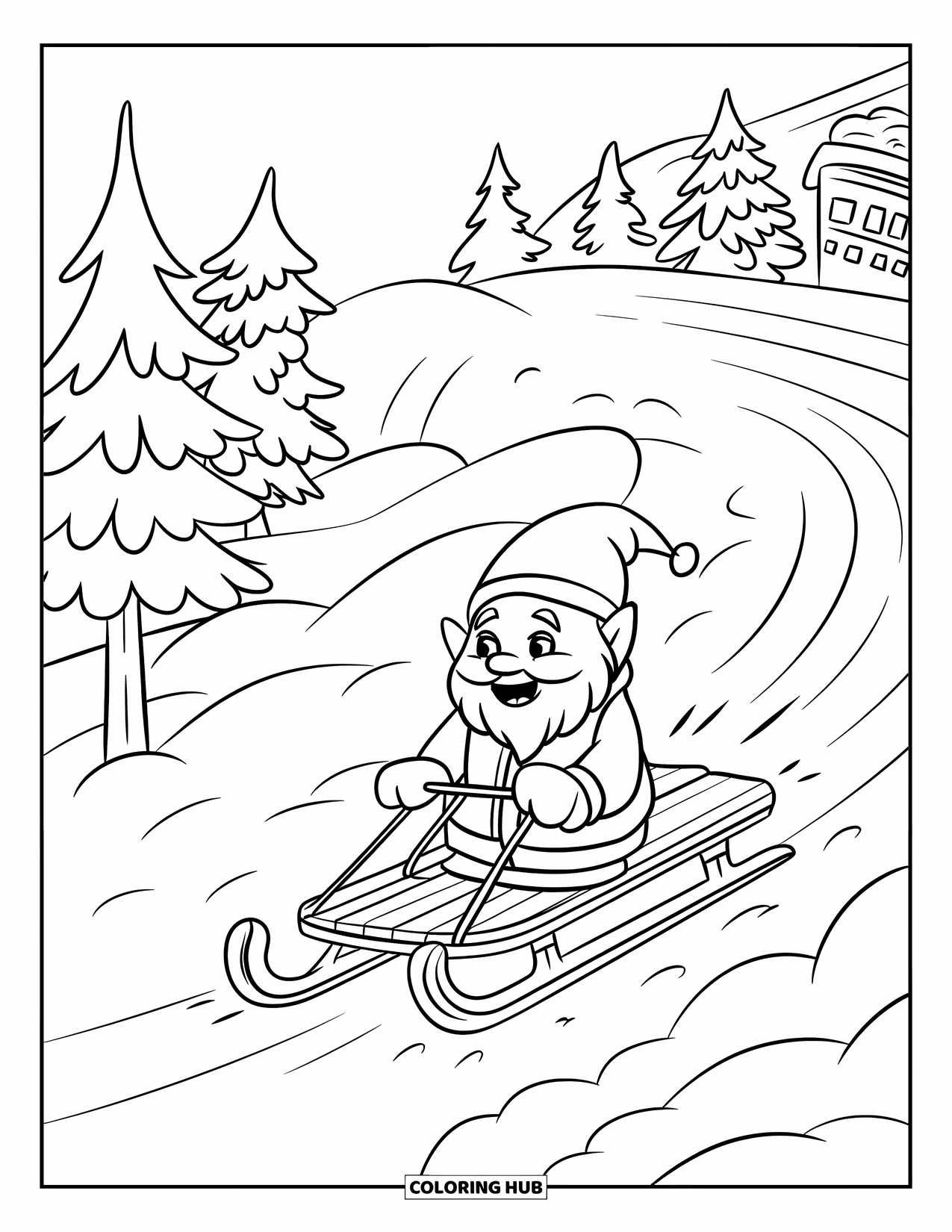 Christmas Gnome Coloring Page for Kids: Gnome with a sled slides down a snow hill near trees and buildings