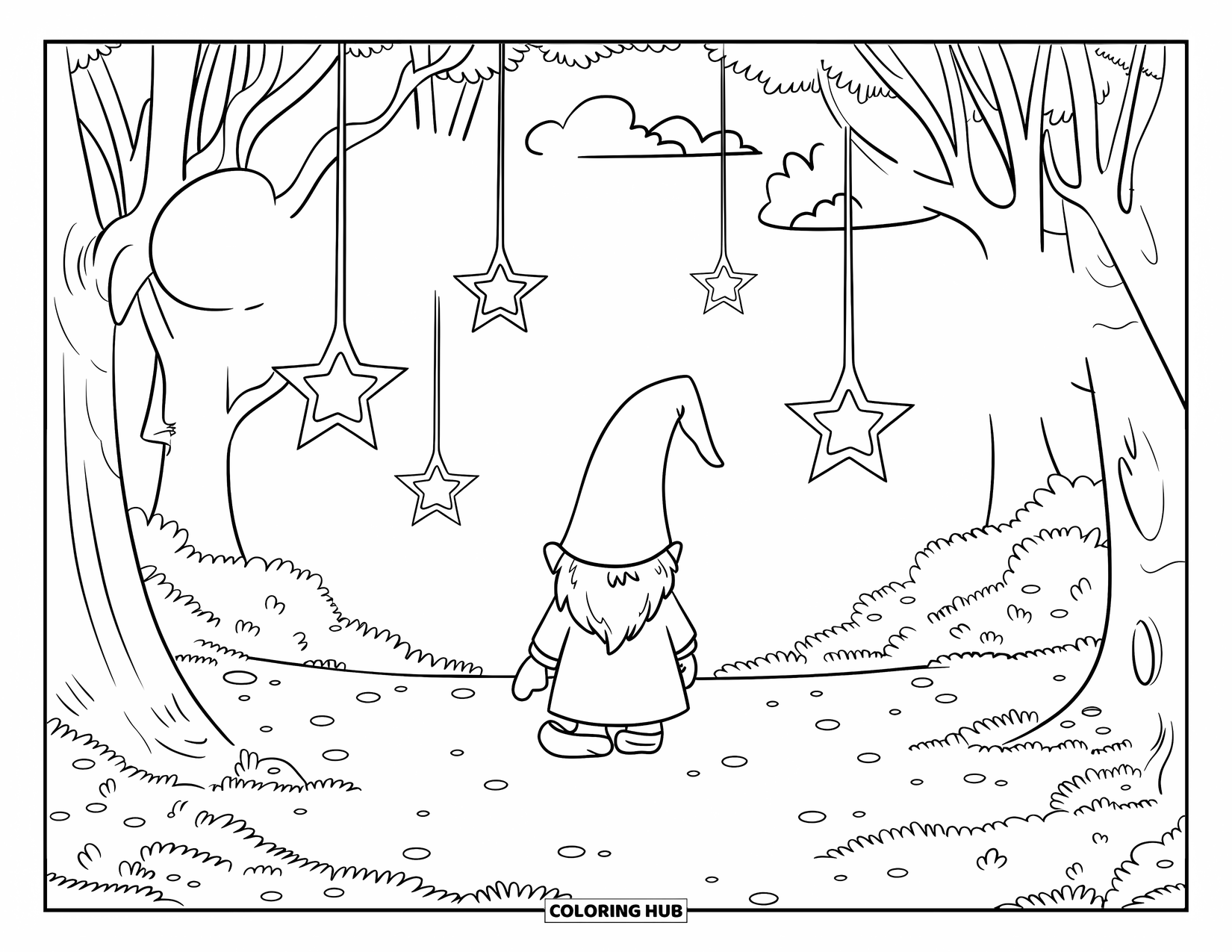 Christmas Gnome Coloring Page for Kids: Gnome with lanterns on his hat entering a forest filled with hanging stars