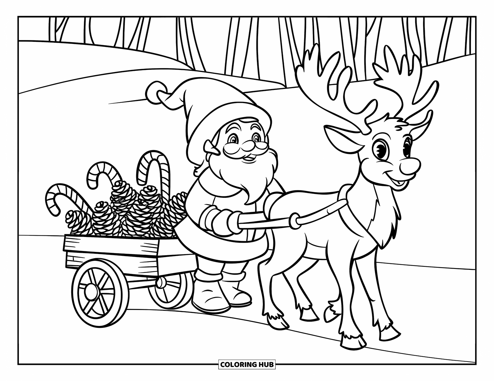 Christmas Gnome Coloring Page for Kids: Gnome with reindeer pulls a cart full of treats through the snowy woods