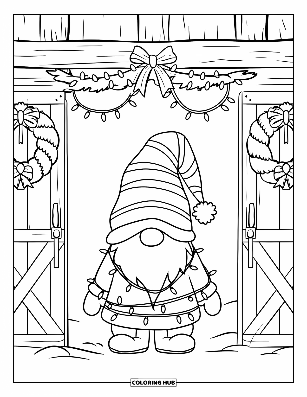 Christmas Gnome Coloring Page for Kids: Gnome wrapped in lights stands in a decorated barn doorway with rustic charm