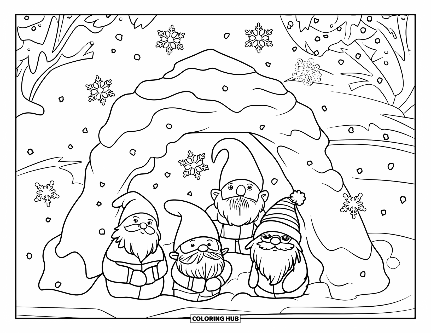 Christmas Gnome Coloring Page for Kids: Gnomes building a snow fort as snowflakes fall all around