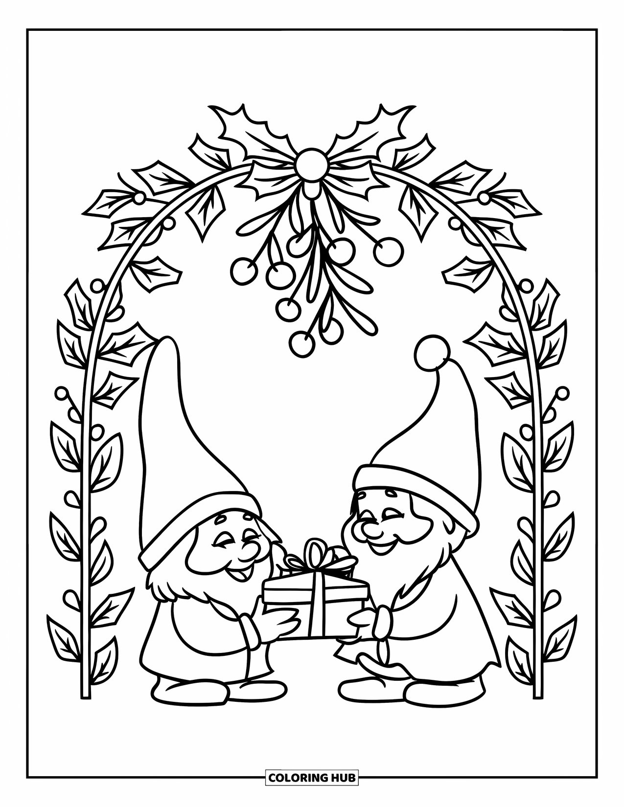 Christmas Gnome Coloring Page for Kids: Gnomes exchange gifts beneath mistletoe and holly arch