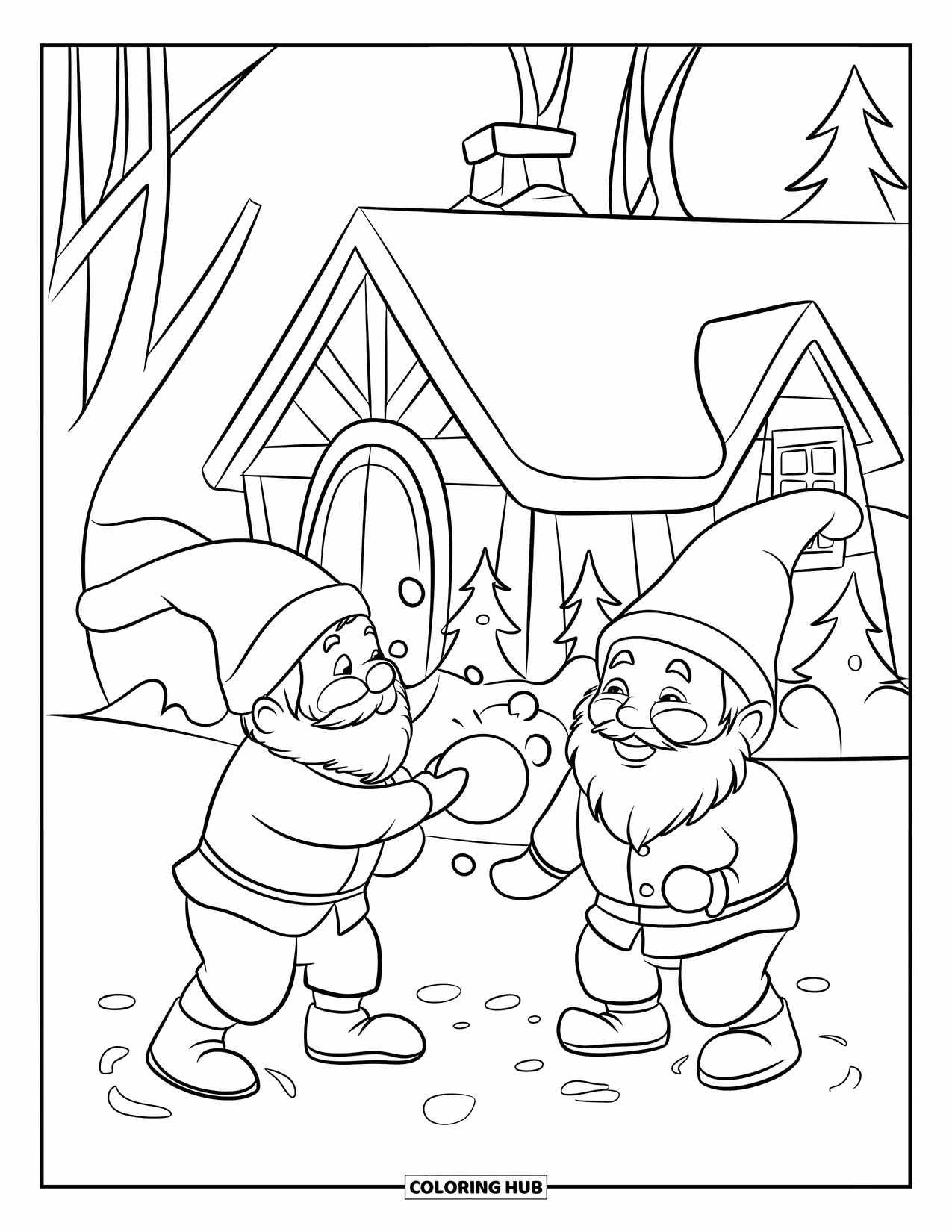 Christmas Gnome Coloring Page for Kids: Gnomes having a snowball fight in front of a snowy cabin with trees