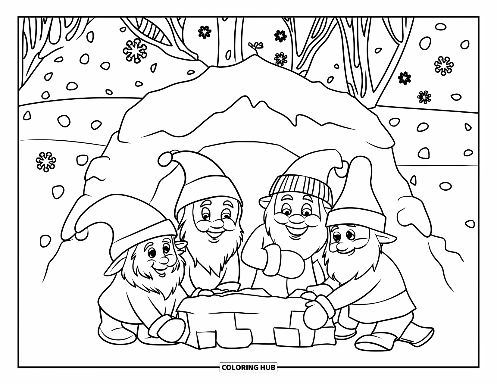 Christmas Gnome Coloring Page for Kids: Gnomes work together building a snow fort with snowflakes falling above
