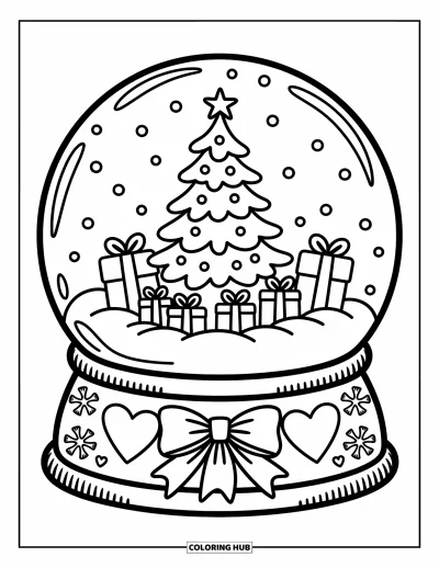 Coloriage de sapin de Noël pour adultes : Une boule à neige renferme un sapin avec des cannes en sucre d'orge, des cadeaux et des motifs de flocons sculptés