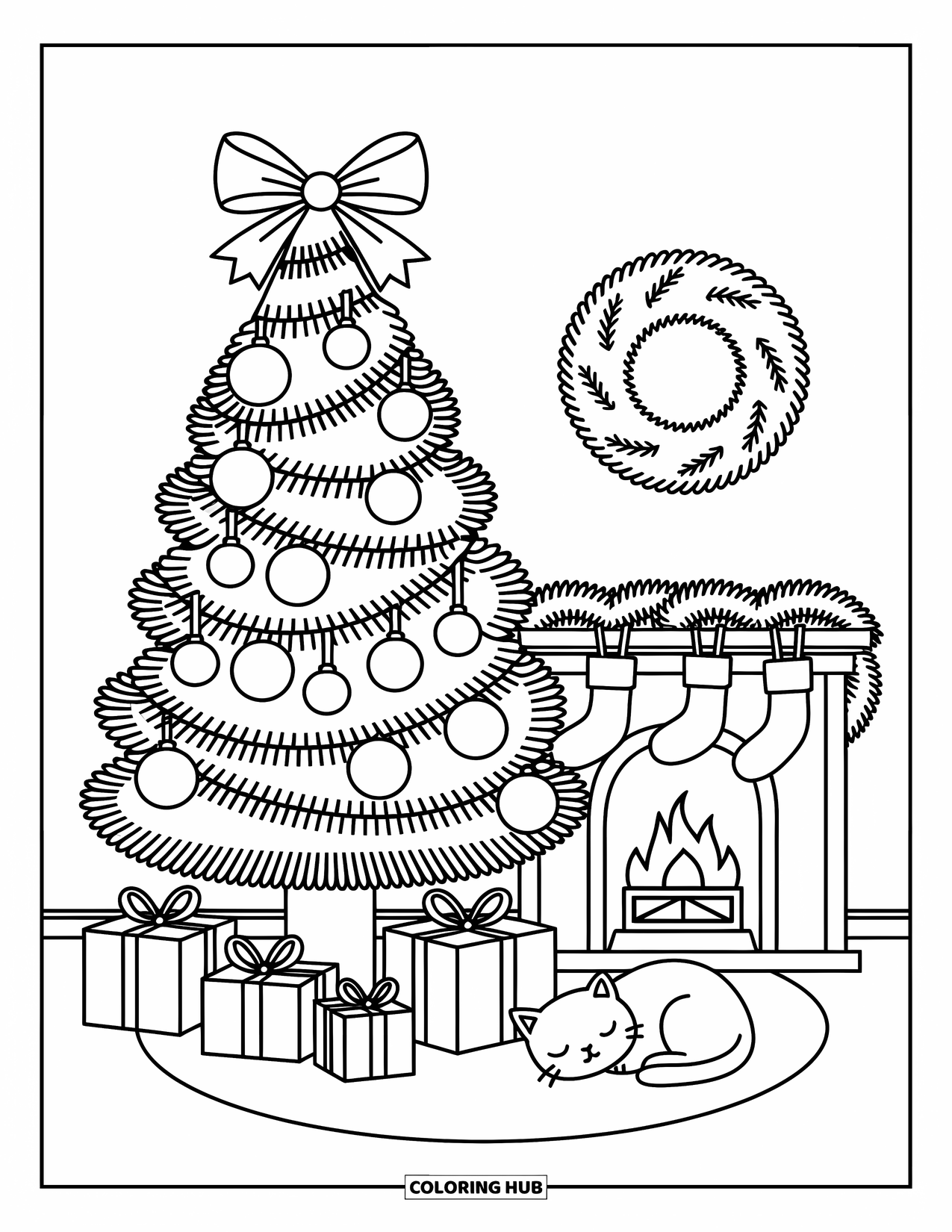 Christmas Tree Coloring Page for Adults: Adorable tree with garlands, fireplace, and a sleeping cat under a hanging wreath