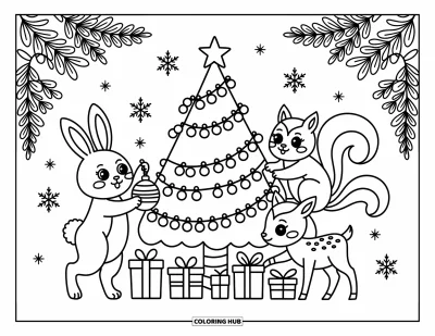 Coloriage de sapin de Noël pour adultes : Un lapin, un écureuil et un cerf décorent un sapin de Noël sous des étoiles scintillantes
