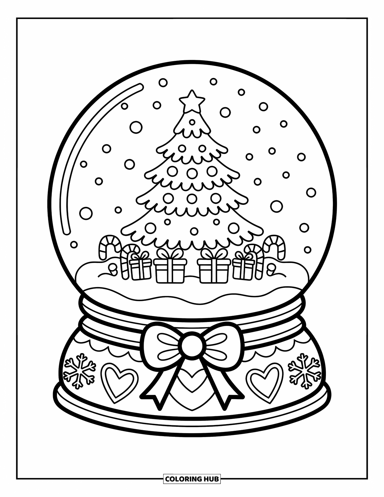 Christmas Tree Coloring Page for Adults: Cheerful tree in a snow globe with candy canes and a ribbon-wrapped base