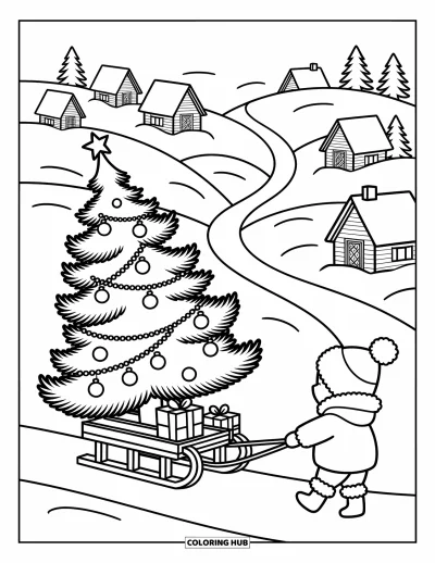 Coloriage de sapin de Noël pour adultes : Un enfant et un traîneau transportent un joyeux sapin devant de petits chalets enneigés