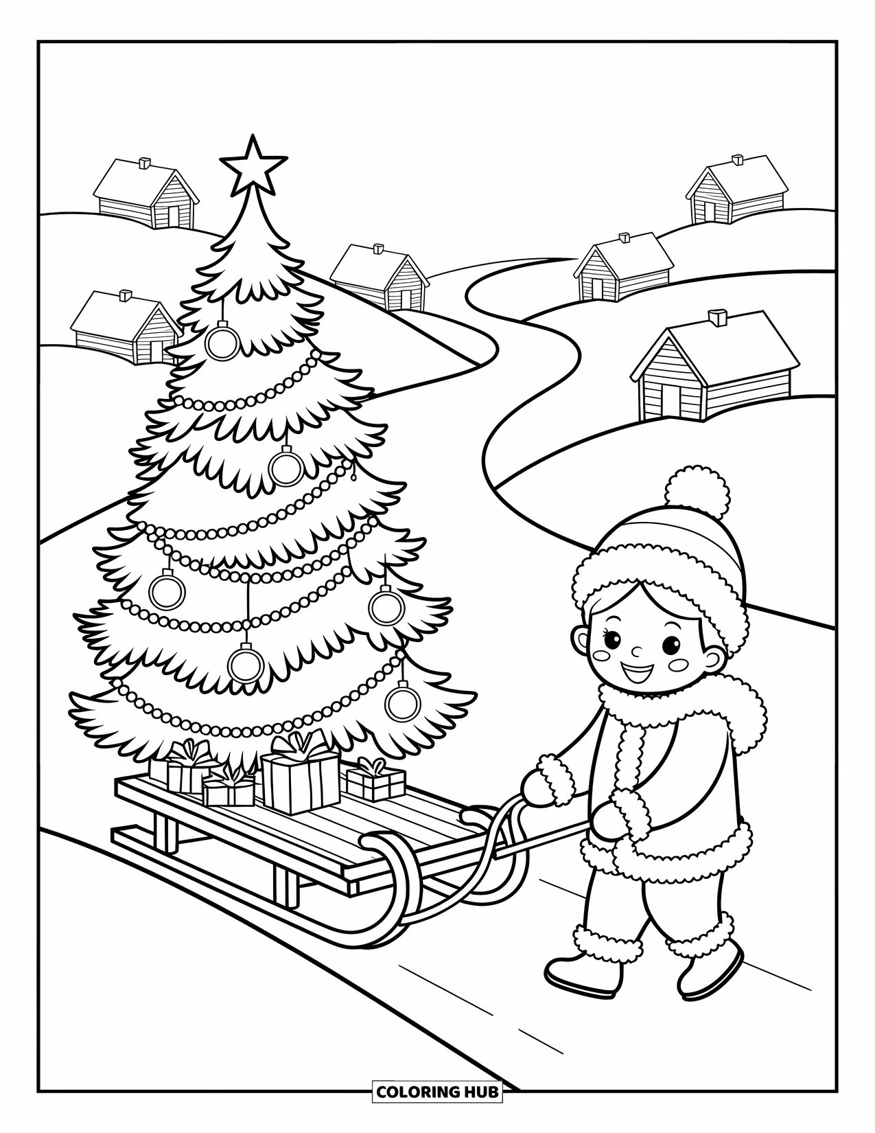 Christmas Tree Coloring Page for Adults: Child pulls a sled with a wobbly tree and presents through snowy hills