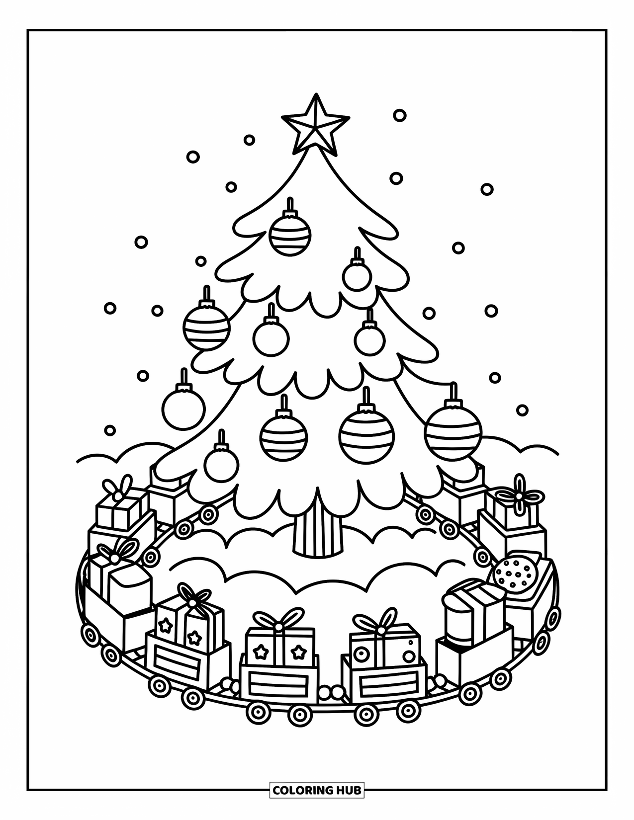 Christmas Tree Coloring Page for Adults: Christmas tree with a cookie-filled train circling around in fluffy snow