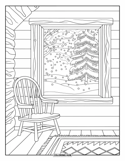 Coloriage de sapin de Noël pour adultes : L'intérieur chaleureux d'un chalet avec vue sur un sapin enneigé et des fenêtres à encadrement en bois